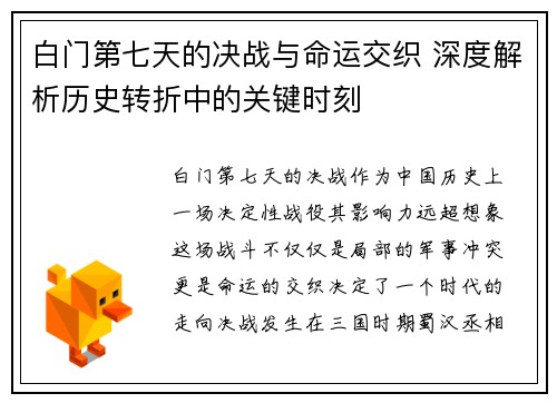 白门第七天的决战与命运交织 深度解析历史转折中的关键时刻